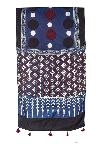 Ajrakh Modal Silk Natural Dye Hand Block Print Stole With Tassels - 2 Mtr Length    -  SKU : AI26901W