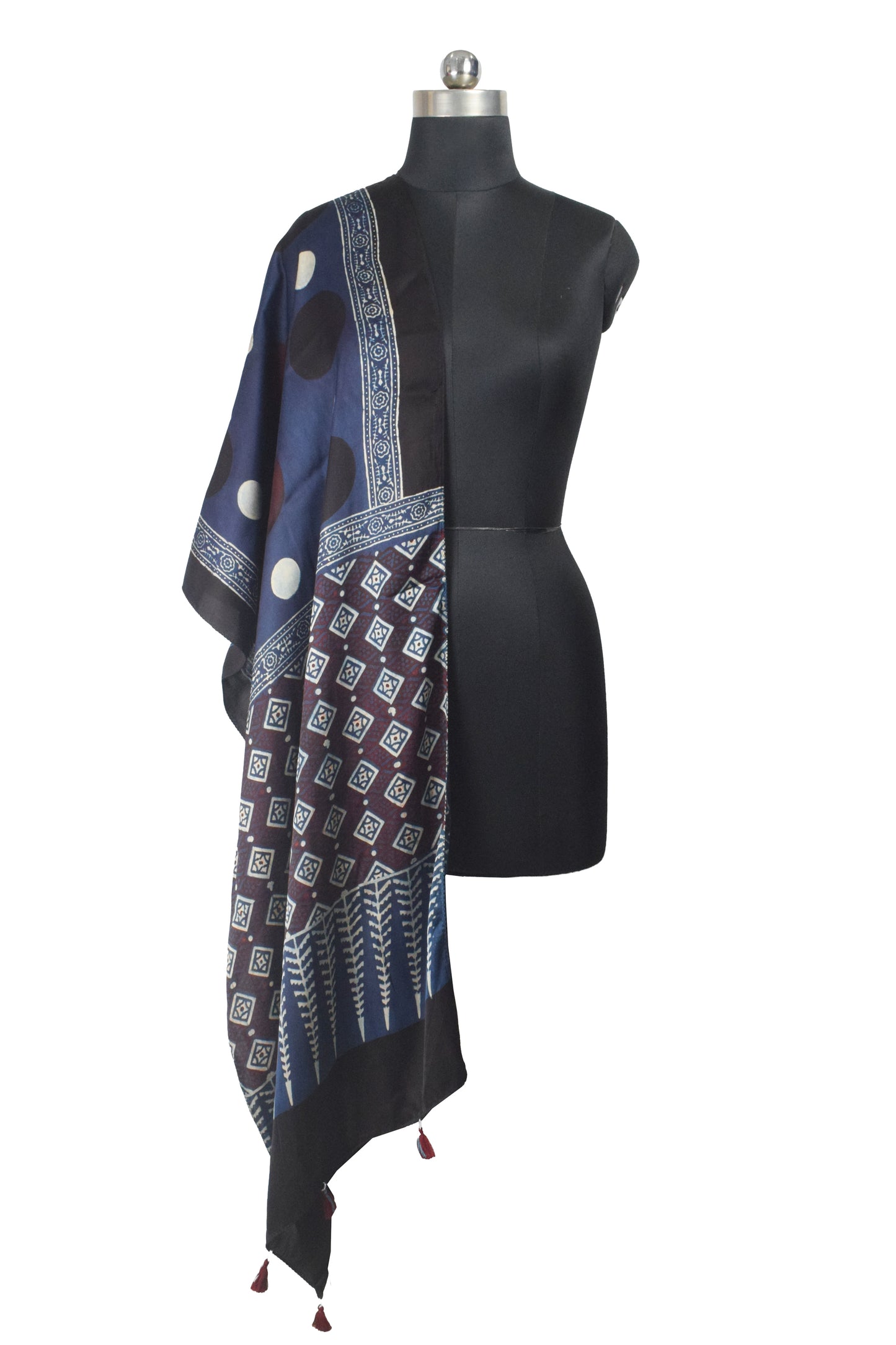 Ajrakh Modal Silk Natural Dye Hand Block Print Stole With Tassels - 2 Mtr Length    -  SKU : AI26901W