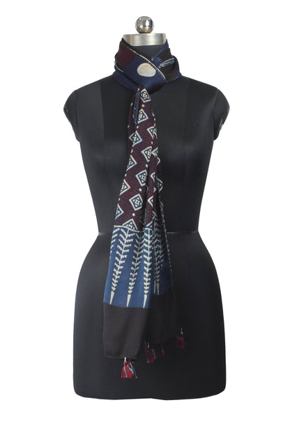 Ajrakh Modal Silk Natural Dye Hand Block Print Stole With Tassels - 2 Mtr Length    -  SKU : AI26901W