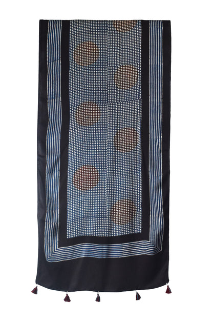 Ajrakh Modal Silk Natural Dye Hand Block Print Stole With Tassels - 2 Mtr Length    -  SKU : AI26901X