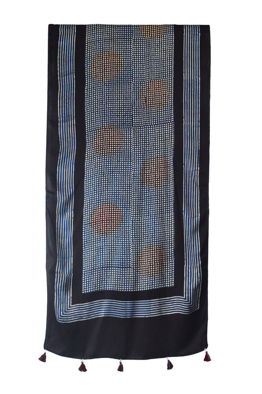 Ajrakh Modal Silk Natural Dye Hand Block Print Stole With Tassels - 2 Mtr Length    -  SKU : AI26901X