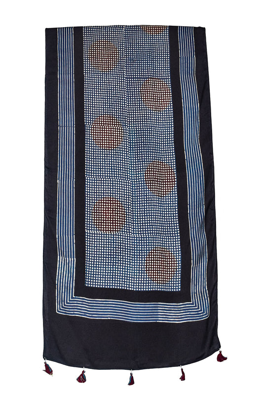 Ajrakh Modal Silk Natural Dye Hand Block Print Stole With Tassels - 2 Mtr Length - SKU : AI26901X
