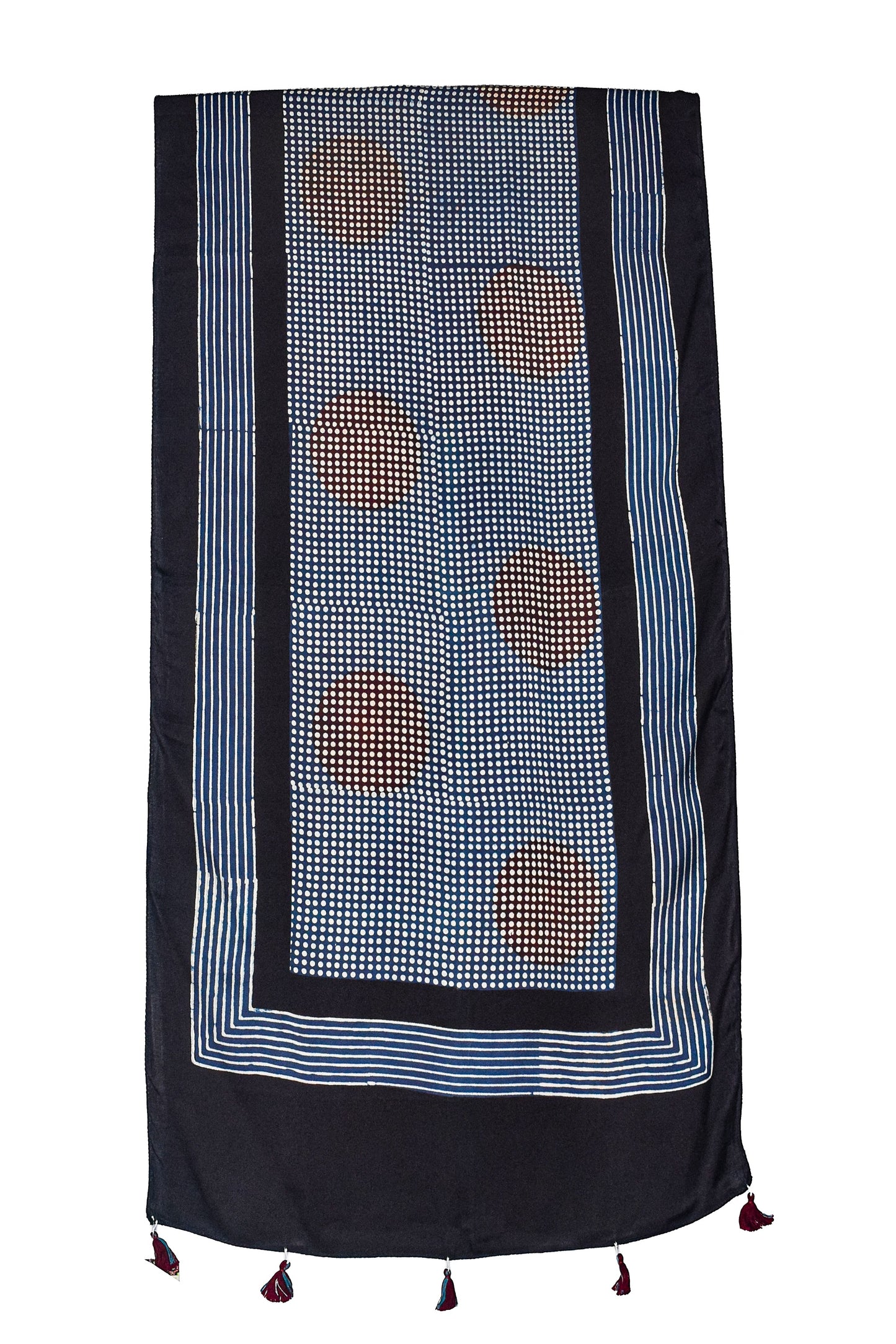 Ajrakh Modal Silk Natural Dye Hand Block Print Stole With Tassels - 2 Mtr Length    -  SKU : AI26901X