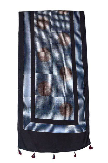 Ajrakh Modal Silk Natural Dye Hand Block Print Stole With Tassels - 2 Mtr Length    -  SKU : AI26901X