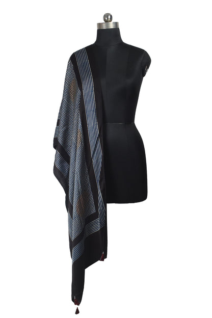 Ajrakh Modal Silk Natural Dye Hand Block Print Stole With Tassels - 2 Mtr Length    -  SKU : AI26901X