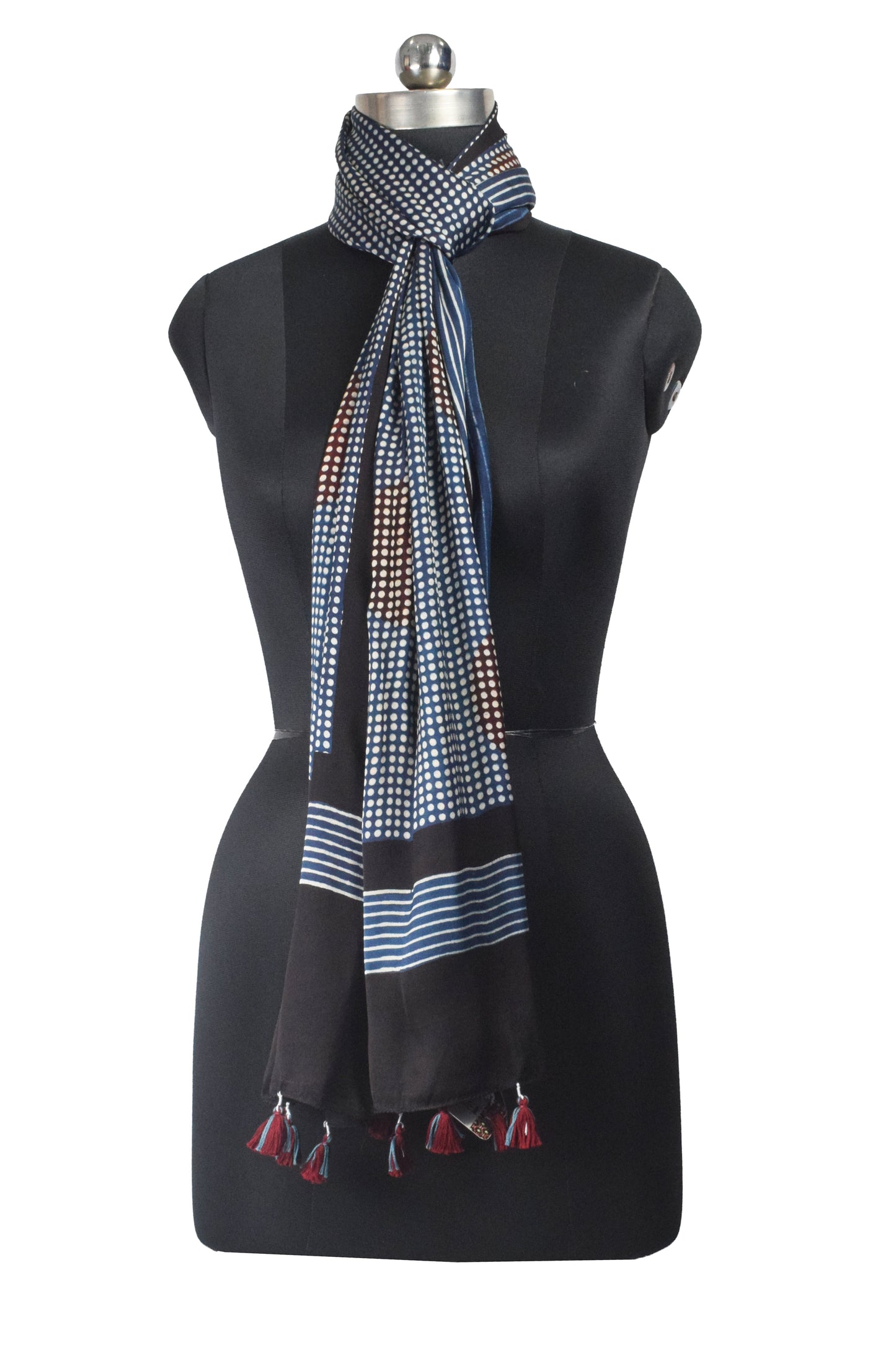 Ajrakh Modal Silk Natural Dye Hand Block Print Stole With Tassels - 2 Mtr Length    -  SKU : AI26901X