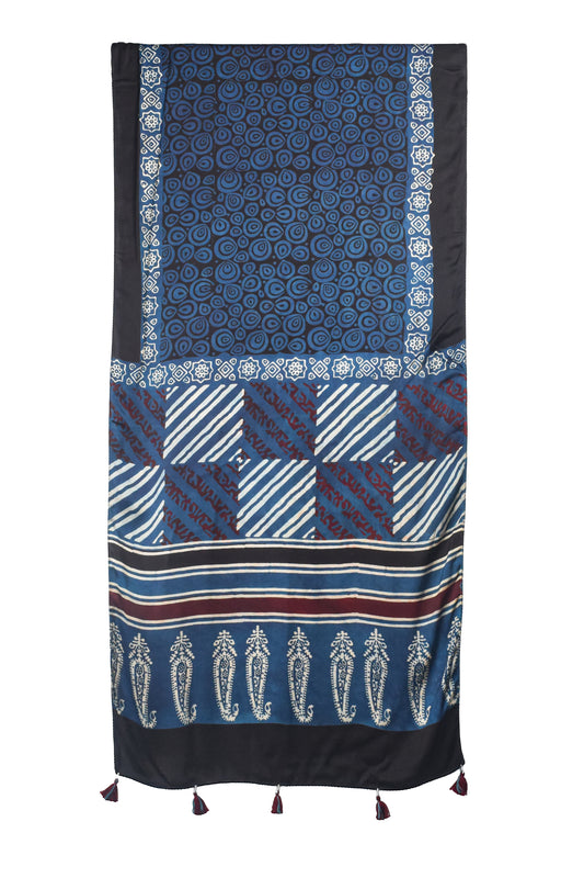 Ajrakh Modal Silk Natural Dye Hand Block Print Stole With Tassels - 2 Mtr Length    -  SKU : AI26901Y