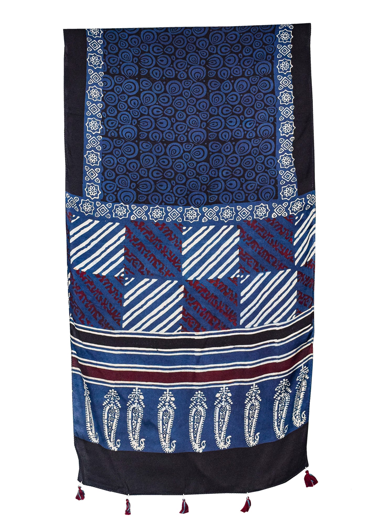 Ajrakh Modal Silk Natural Dye Hand Block Print Stole With Tassels - 2 Mtr Length    -  SKU : AI26901Y