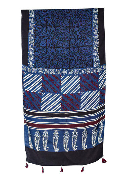 Ajrakh Modal Silk Natural Dye Hand Block Print Stole With Tassels - 2 Mtr Length    -  SKU : AI26901Y