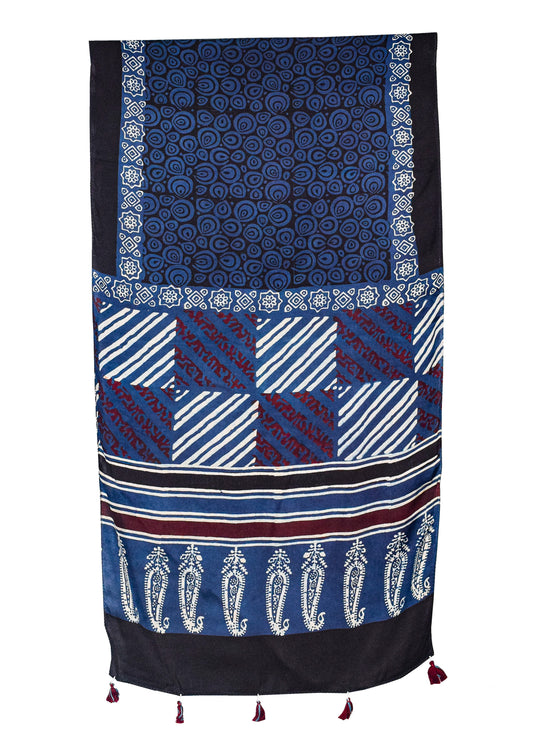 Ajrakh Modal Silk Natural Dye Hand Block Print Stole With Tassels - 2 Mtr Length    -  SKU : AI26901Y