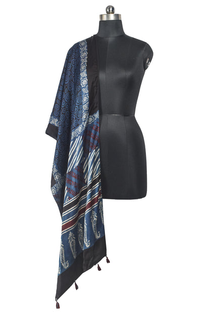 Ajrakh Modal Silk Natural Dye Hand Block Print Stole With Tassels - 2 Mtr Length    -  SKU : AI26901Y