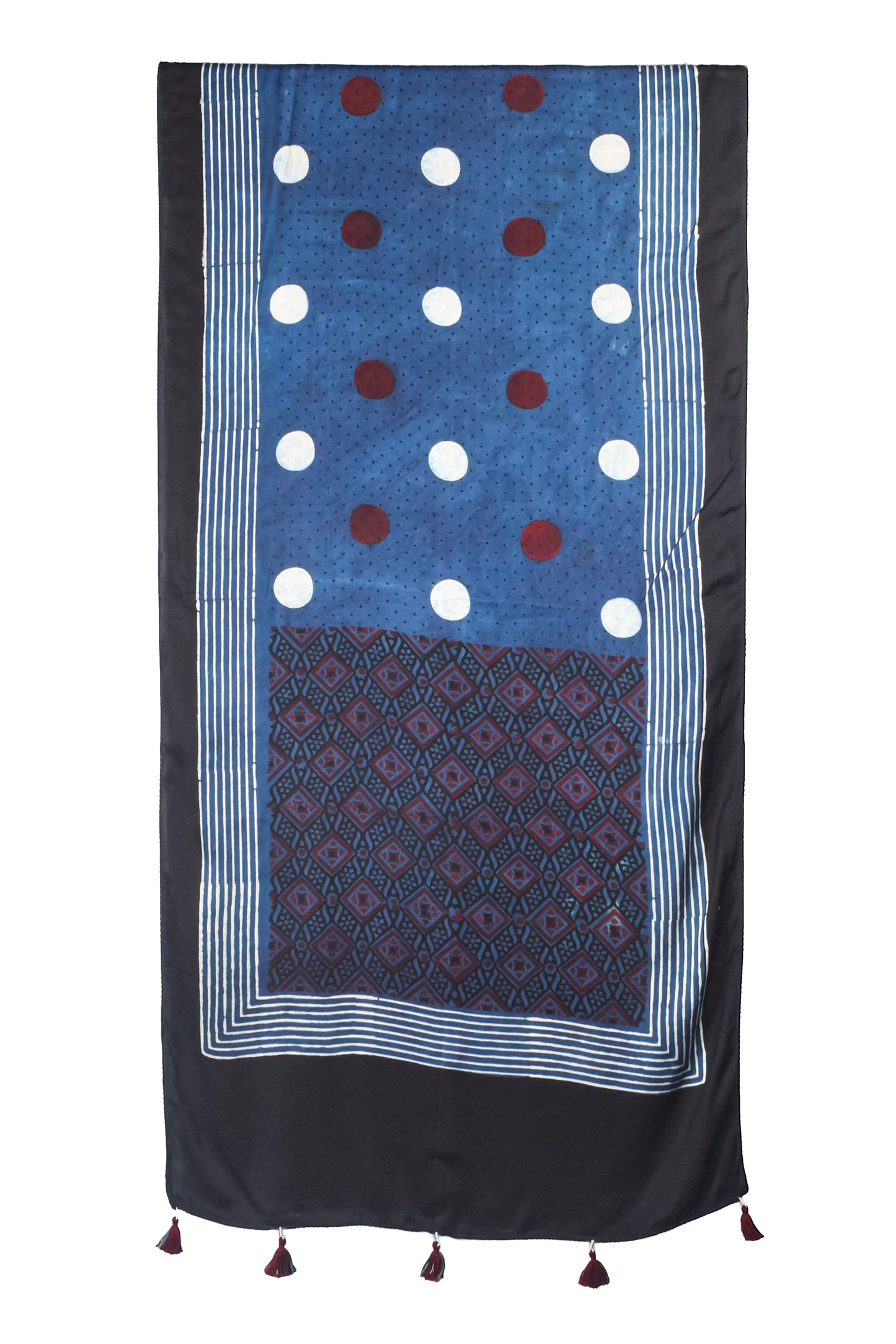 Ajrakh Modal Silk Natural Dye Hand Block Print Stole With Tassels - 2 Mtr Length    -  SKU : AI26901Z