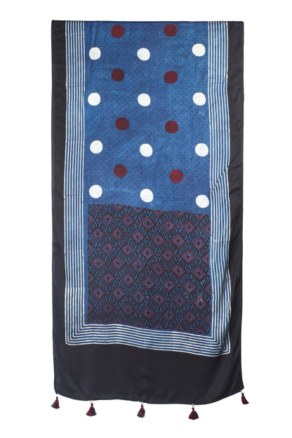 Ajrakh Modal Silk Natural Dye Hand Block Print Stole With Tassels - 2 Mtr Length    -  SKU : AI26901Z