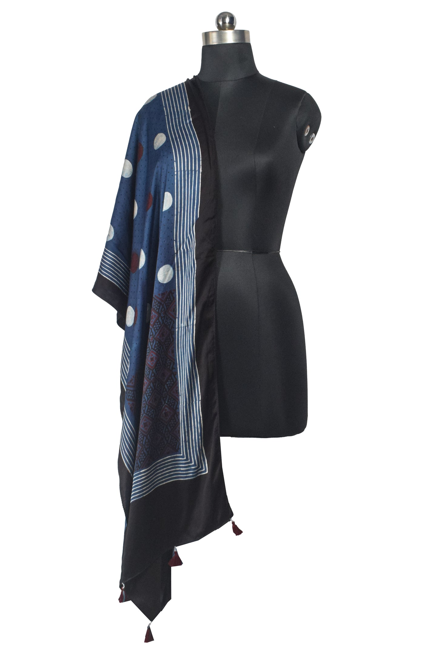 Ajrakh Modal Silk Natural Dye Hand Block Print Stole With Tassels - 2 Mtr Length    -  SKU : AI26901Z