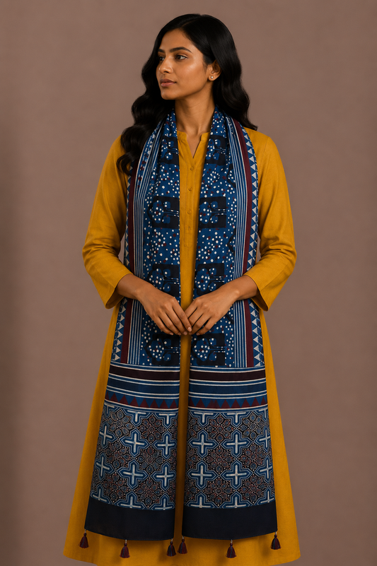 Ajrakh Modal Silk Natural Dye Hand Block Print Stole With Tassels - 2 Mtr Length    -  SKU : AI2690AA