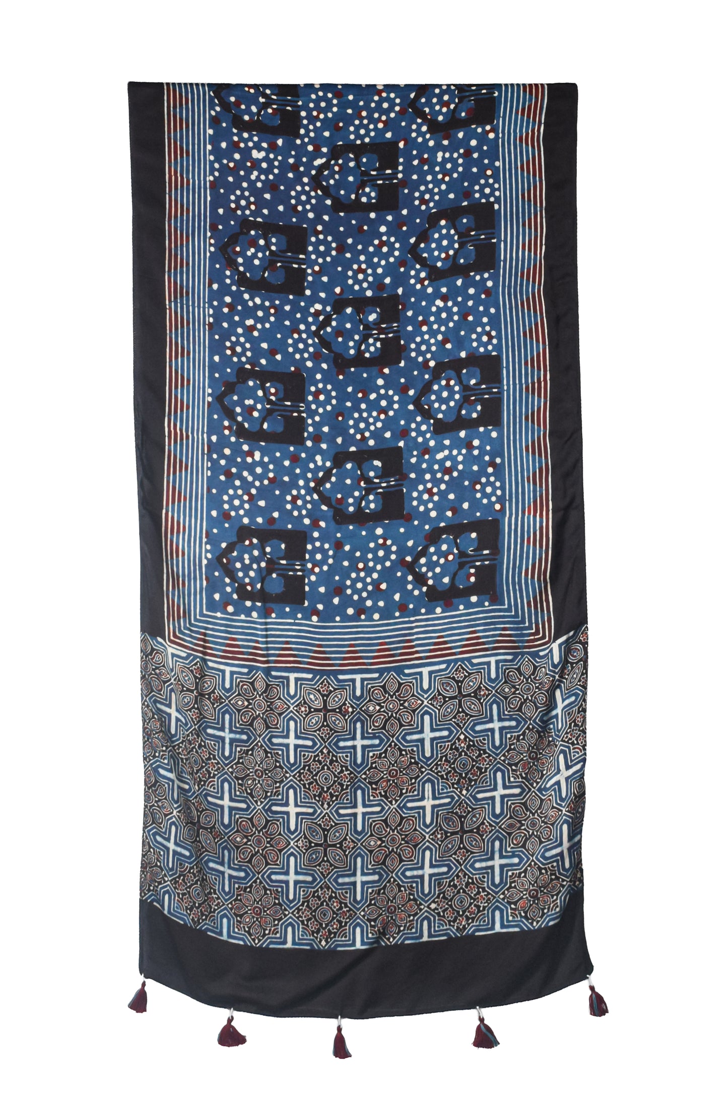 Ajrakh Modal Silk Natural Dye Hand Block Print Stole With Tassels - 2 Mtr Length    -  SKU : AI2690AA