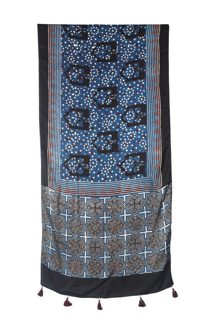 Ajrakh Modal Silk Natural Dye Hand Block Print Stole With Tassels - 2 Mtr Length    -  SKU : AI2690AA