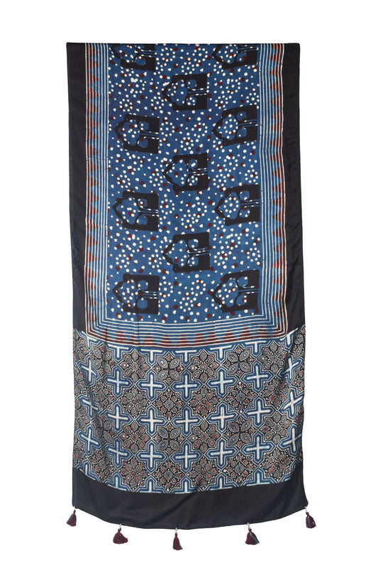 Ajrakh Modal Silk Natural Dye Hand Block Print Stole With Tassels - 2 Mtr Length    -  SKU : AI2690AA
