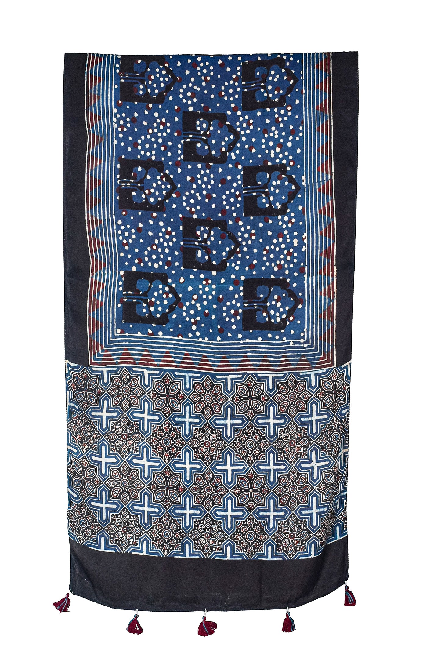 Ajrakh Modal Silk Natural Dye Hand Block Print Stole With Tassels - 2 Mtr Length    -  SKU : AI2690AA