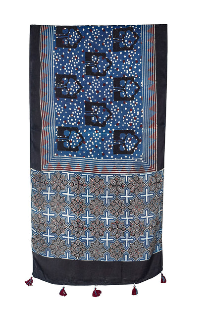 Ajrakh Modal Silk Natural Dye Hand Block Print Stole With Tassels - 2 Mtr Length    -  SKU : AI2690AA
