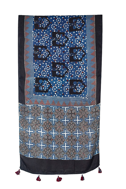 Ajrakh Modal Silk Natural Dye Hand Block Print Stole With Tassels - 2 Mtr Length    -  SKU : AI2690AA