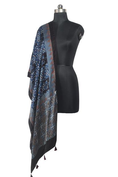 Ajrakh Modal Silk Natural Dye Hand Block Print Stole With Tassels - 2 Mtr Length    -  SKU : AI2690AA