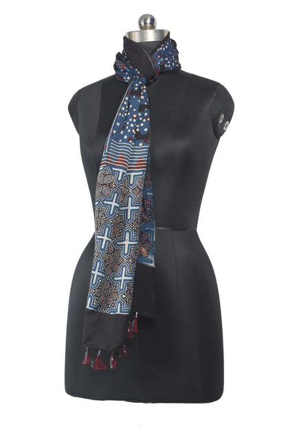 Ajrakh Modal Silk Natural Dye Hand Block Print Stole With Tassels - 2 Mtr Length    -  SKU : AI2690AA