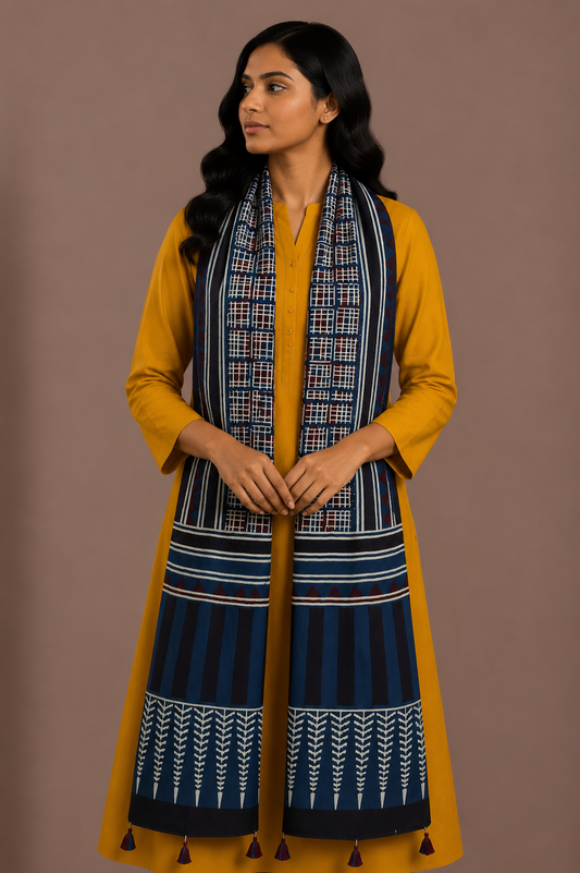 Ajrakh Modal Silk Natural Dye Hand Block Print Stole With Tassels - 2 Mtr Length    -  SKU : AI2690AM