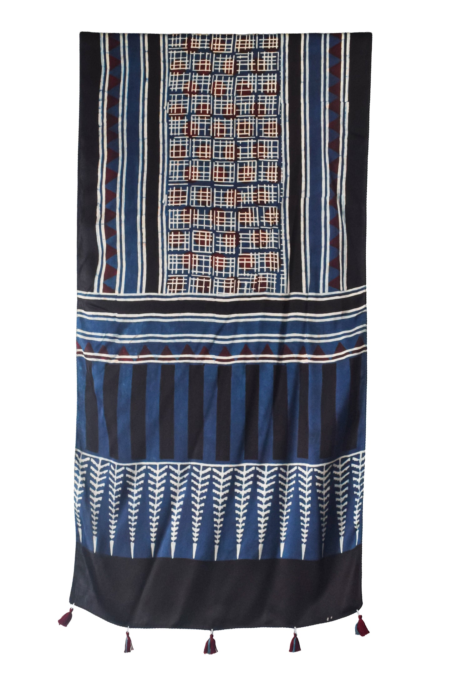 Ajrakh Modal Silk Natural Dye Hand Block Print Stole With Tassels - 2 Mtr Length    -  SKU : AI2690AM