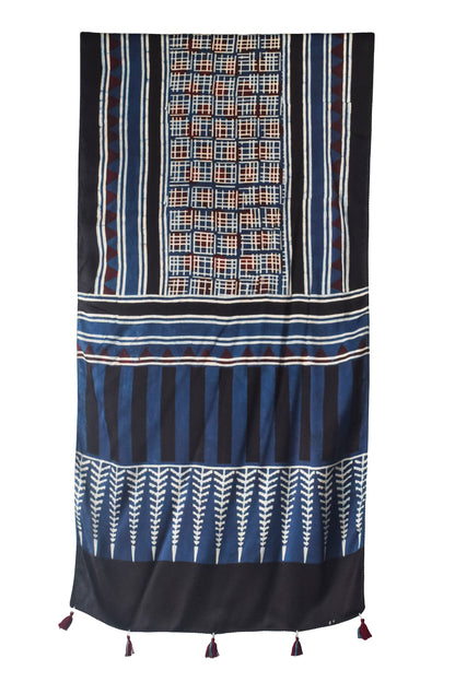 Ajrakh Modal Silk Natural Dye Hand Block Print Stole With Tassels - 2 Mtr Length    -  SKU : AI2690AM