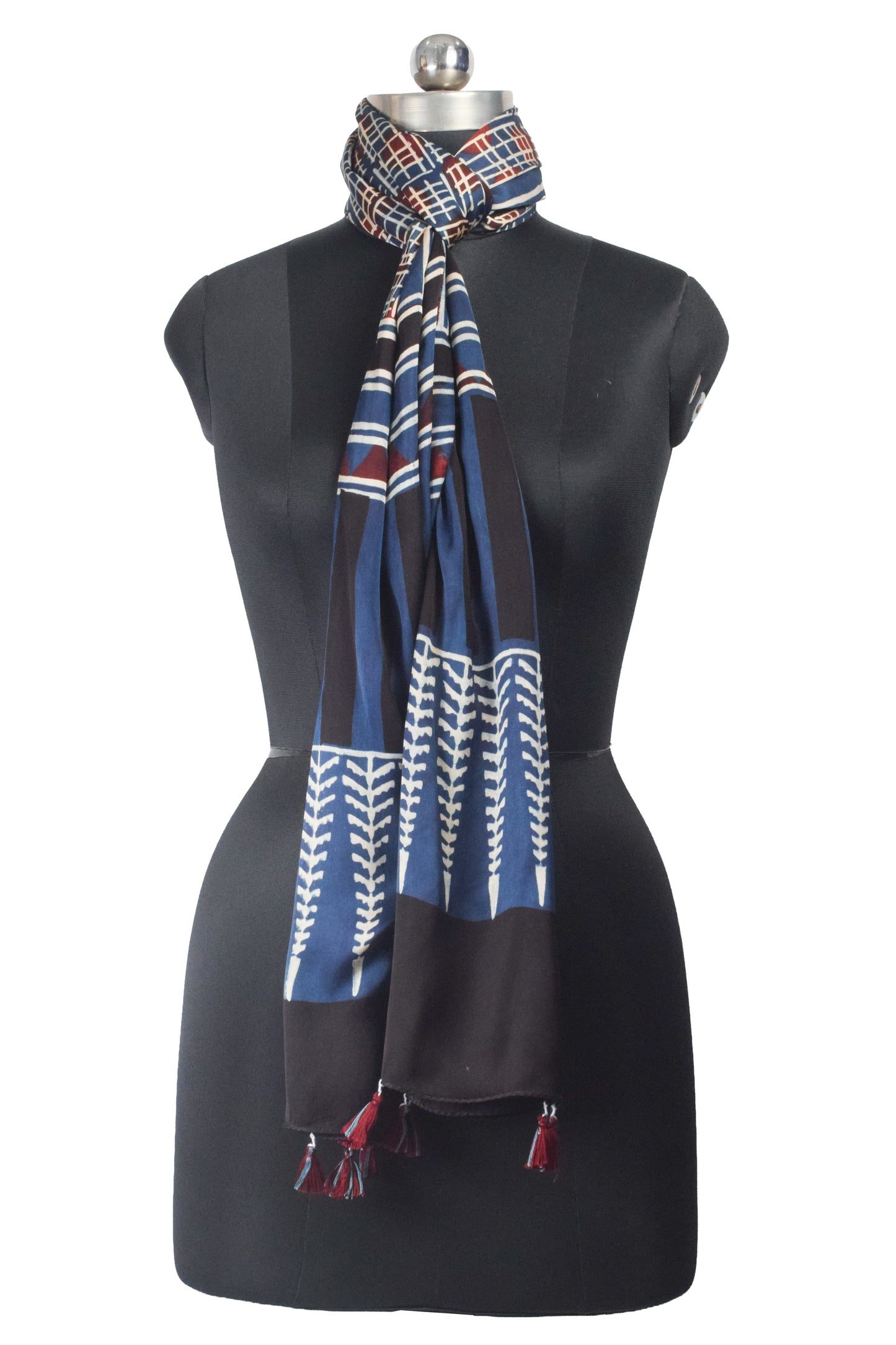 Ajrakh Modal Silk Natural Dye Hand Block Print Stole With Tassels - 2 Mtr Length    -  SKU : AI2690AM