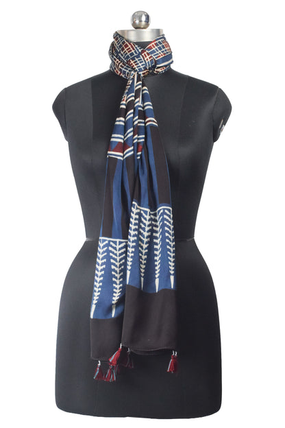 Ajrakh Modal Silk Natural Dye Hand Block Print Stole With Tassels - 2 Mtr Length    -  SKU : AI2690AM