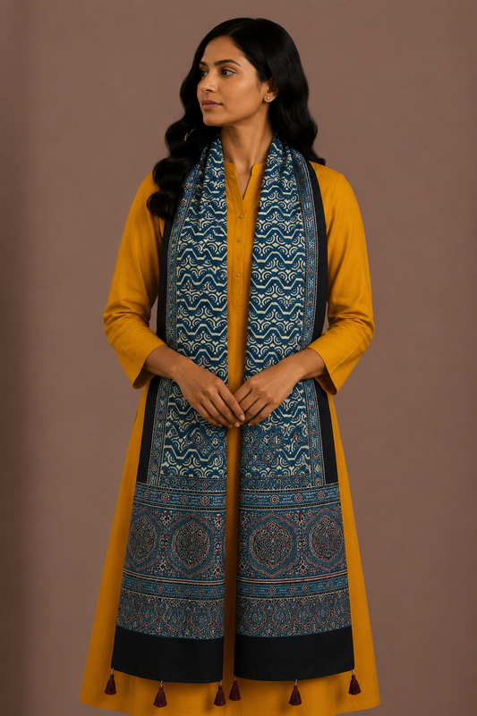 Ajrakh Modal Silk Natural Dye Hand Block Print Stole With Tassels - 2 Mtr Length    -  SKU : EK04B01A