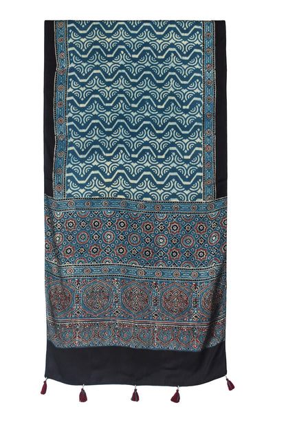 Ajrakh Modal Silk Natural Dye Hand Block Print Stole With Tassels - 2 Mtr Length    -  SKU : EK04B01A
