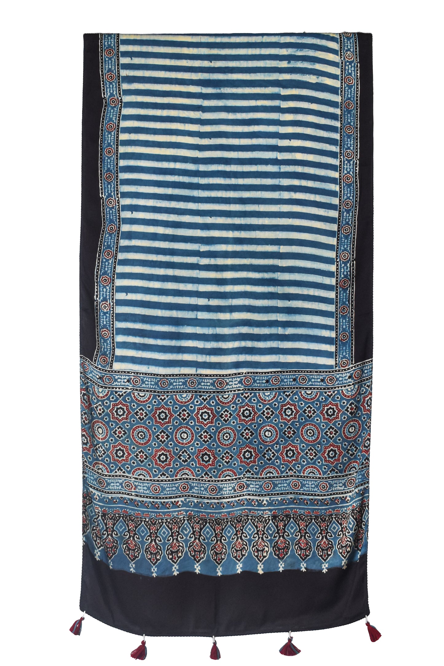 Ajrakh Modal Silk Natural Dye Hand Block Print Stole With Tassels - 2 Mtr Length    -  SKU : EK11A01I