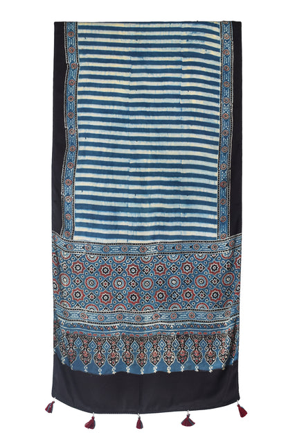 Ajrakh Modal Silk Natural Dye Hand Block Print Stole With Tassels - 2 Mtr Length    -  SKU : EK11A01I