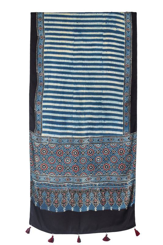 Ajrakh Modal Silk Natural Dye Hand Block Print Stole With Tassels - 2 Mtr Length    -  SKU : EK11A01I