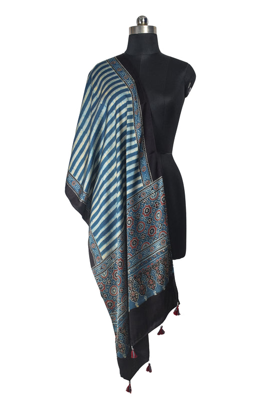 Ajrakh Modal Silk Natural Dye Hand Block Print Stole With Tassels - 2 Mtr Length    -  SKU : EK11A01I