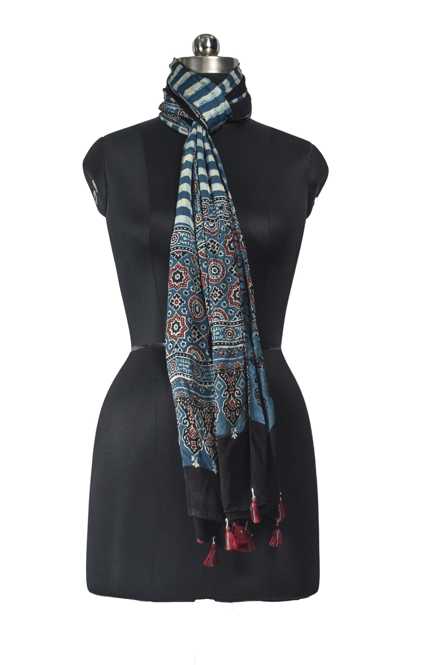 Ajrakh Modal Silk Natural Dye Hand Block Print Stole With Tassels - 2 Mtr Length    -  SKU : EK11A01I