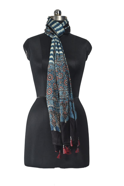 Ajrakh Modal Silk Natural Dye Hand Block Print Stole With Tassels - 2 Mtr Length    -  SKU : EK11A01I