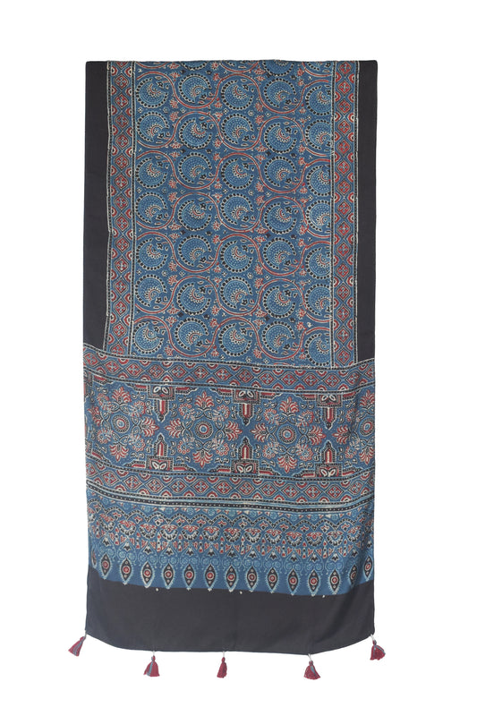 Ajrakh Modal Silk Natural Dye Hand Block Print Stole With Tassels - 2 Mtr Length    -  SKU : EK11A01V