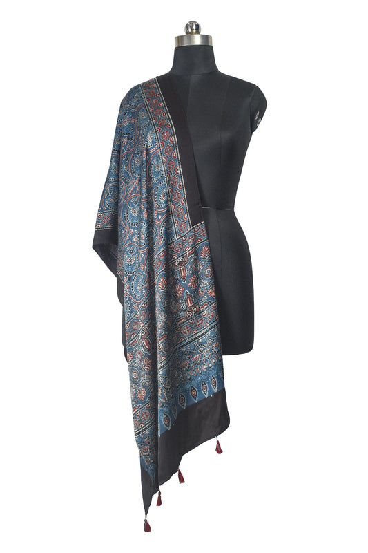 Ajrakh Modal Silk Natural Dye Hand Block Print Stole With Tassels - 2 Mtr Length    -  SKU : EK11A01V