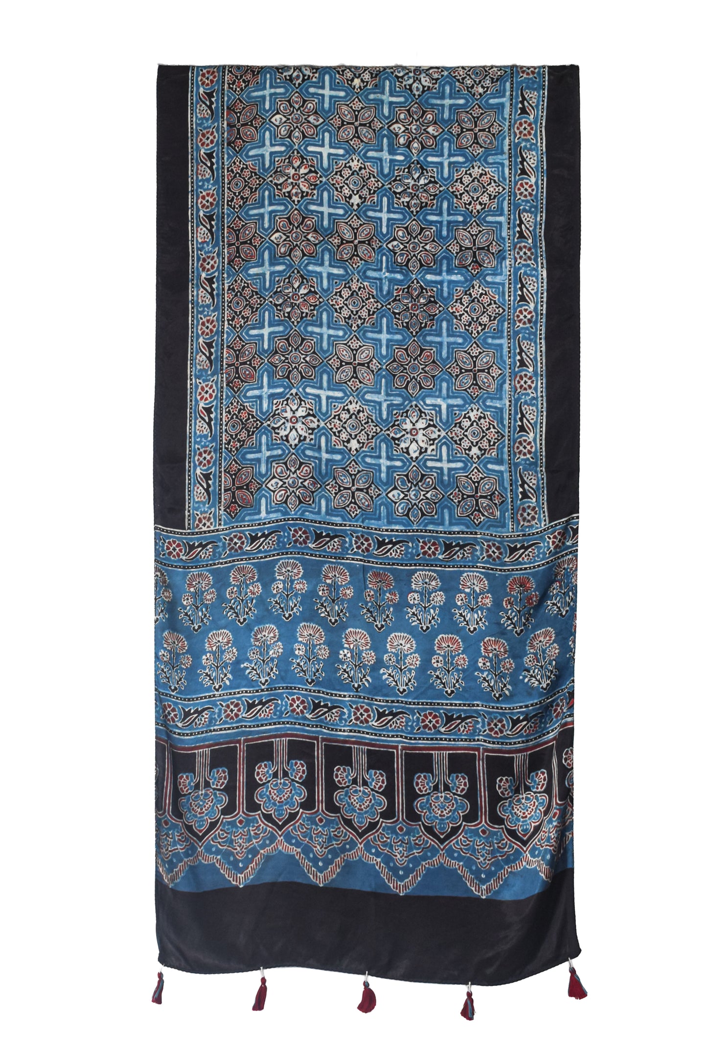 Ajrakh Modal Silk Natural Dye Hand Block Print Stole With Tassels - 2 Mtr Length    -  SKU : EK11A0AH