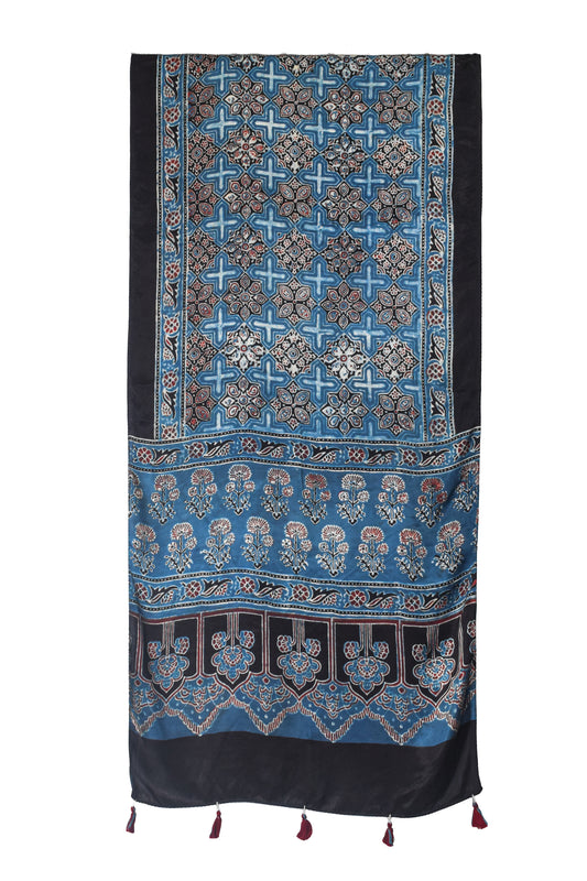 Ajrakh Modal Silk Natural Dye Hand Block Print Stole With Tassels - 2 Mtr Length    -  SKU : EK11A0AH