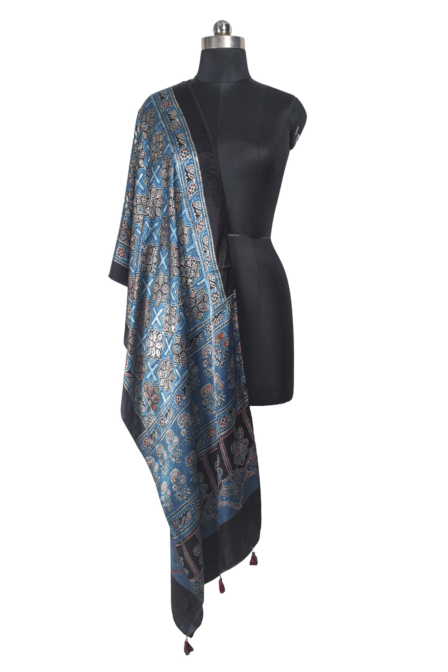 Ajrakh Modal Silk Natural Dye Hand Block Print Stole With Tassels - 2 Mtr Length    -  SKU : EK11A0AH