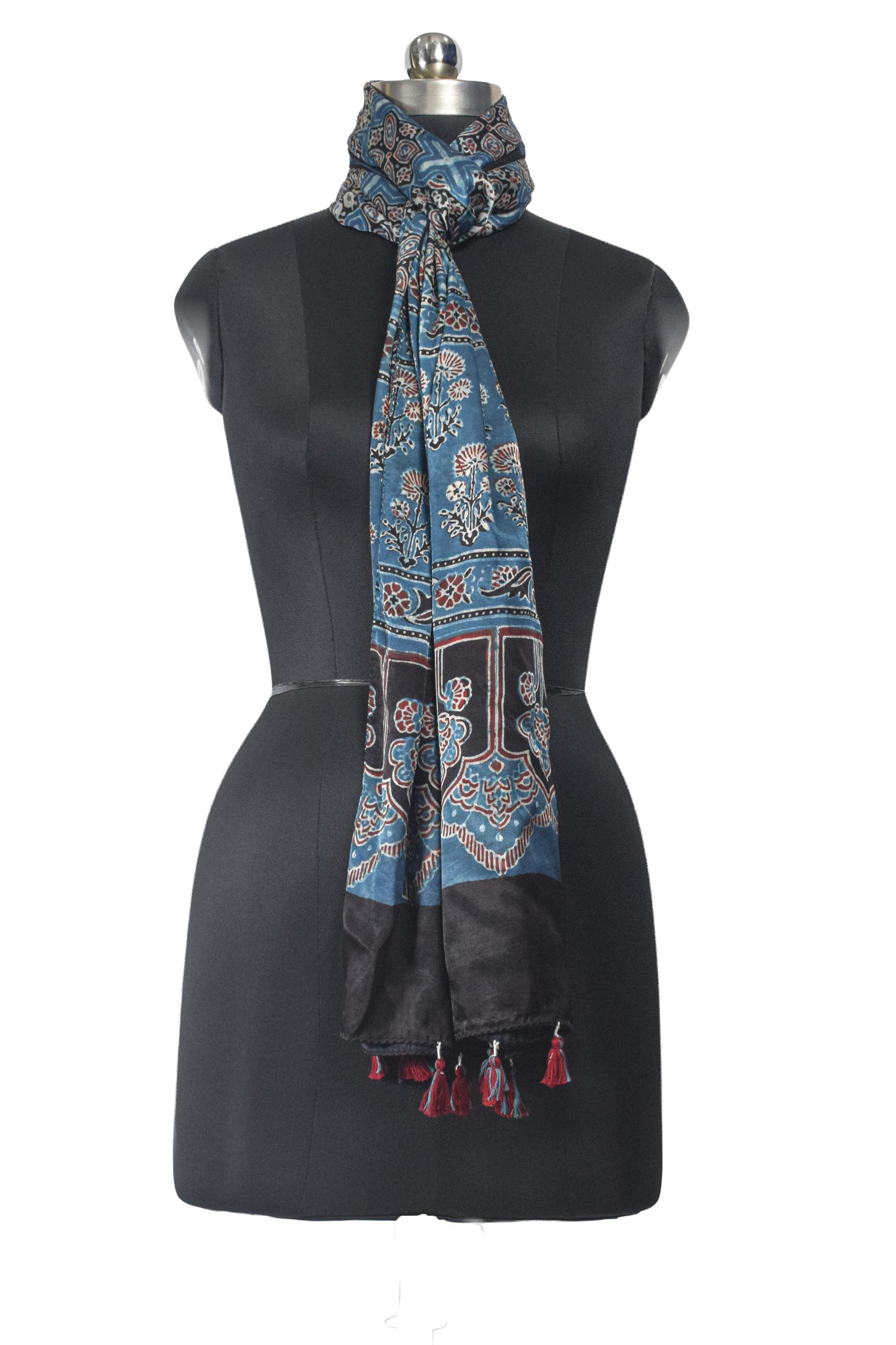 Ajrakh Modal Silk Natural Dye Hand Block Print Stole With Tassels - 2 Mtr Length    -  SKU : EK11A0AH