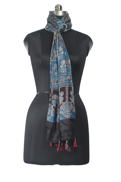 Ajrakh Modal Silk Natural Dye Hand Block Print Stole With Tassels - 2 Mtr Length    -  SKU : EK11A0AH