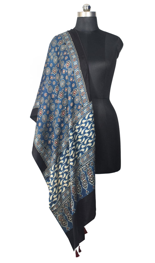 Ajrakh Modal Silk Natural Dye Hand Block Print Stole With Tassels - 2 Mtr Length   -  SKU : EK2890AB