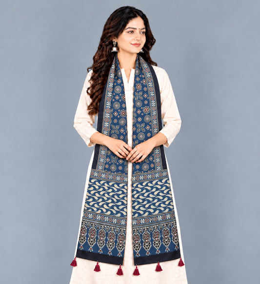 Ajrakh Modal Silk Natural Dye Hand Block Print Stole With Tassels - 2 Mtr Length   -  SKU : EK2890AB