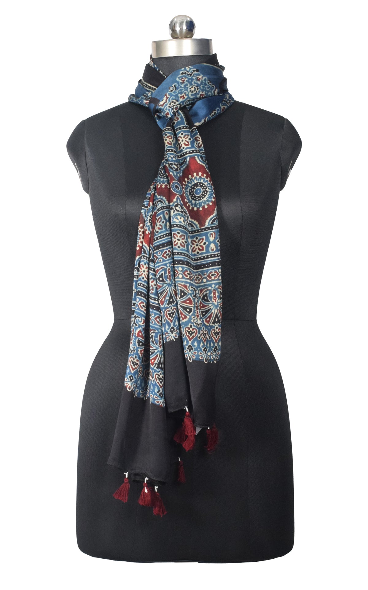 Ajrakh Modal Silk Natural Dye Hand Block Print Stole With Tassels - 2 Mtr Length   -  SKU : EK2890AC